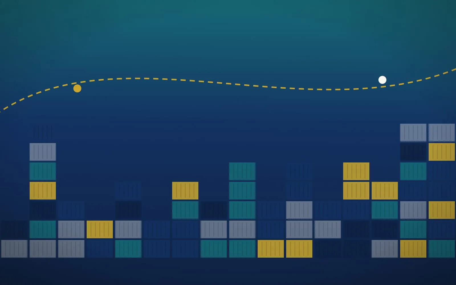 Ilustração provisória e abstrata: pilhas de contêineres e uma rota marítima tracejada, em azul-petróleo e dourado.