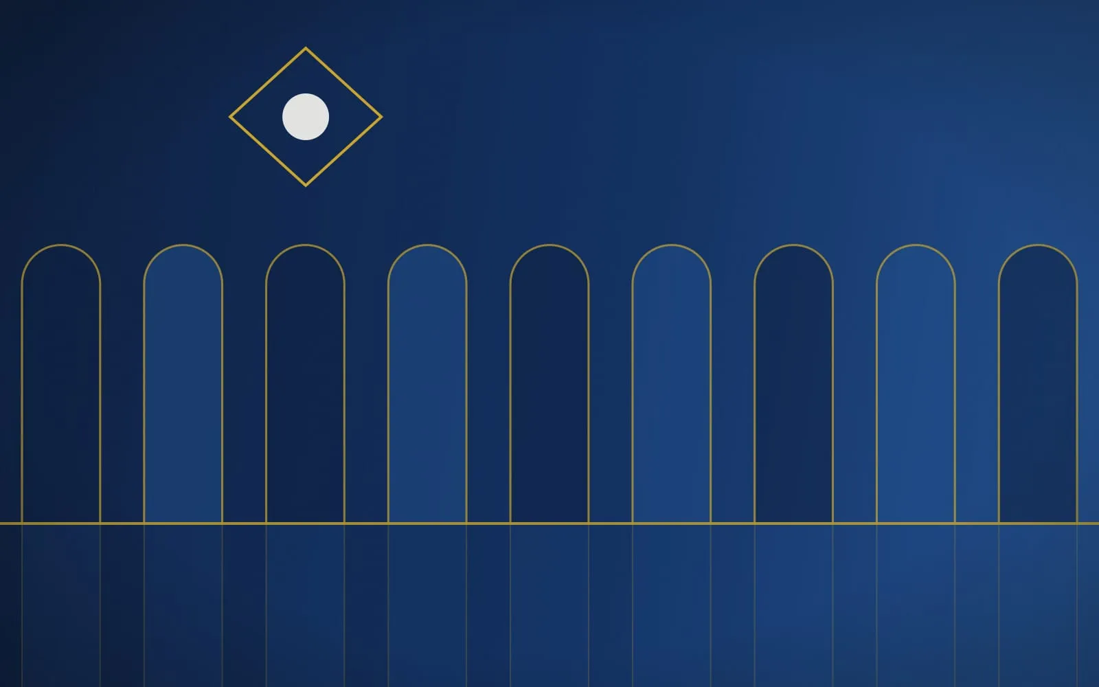 Ilustração provisória e abstrata: arcos altos sobre um espelho d'água e um losango dourado, em tons de azul-anil.