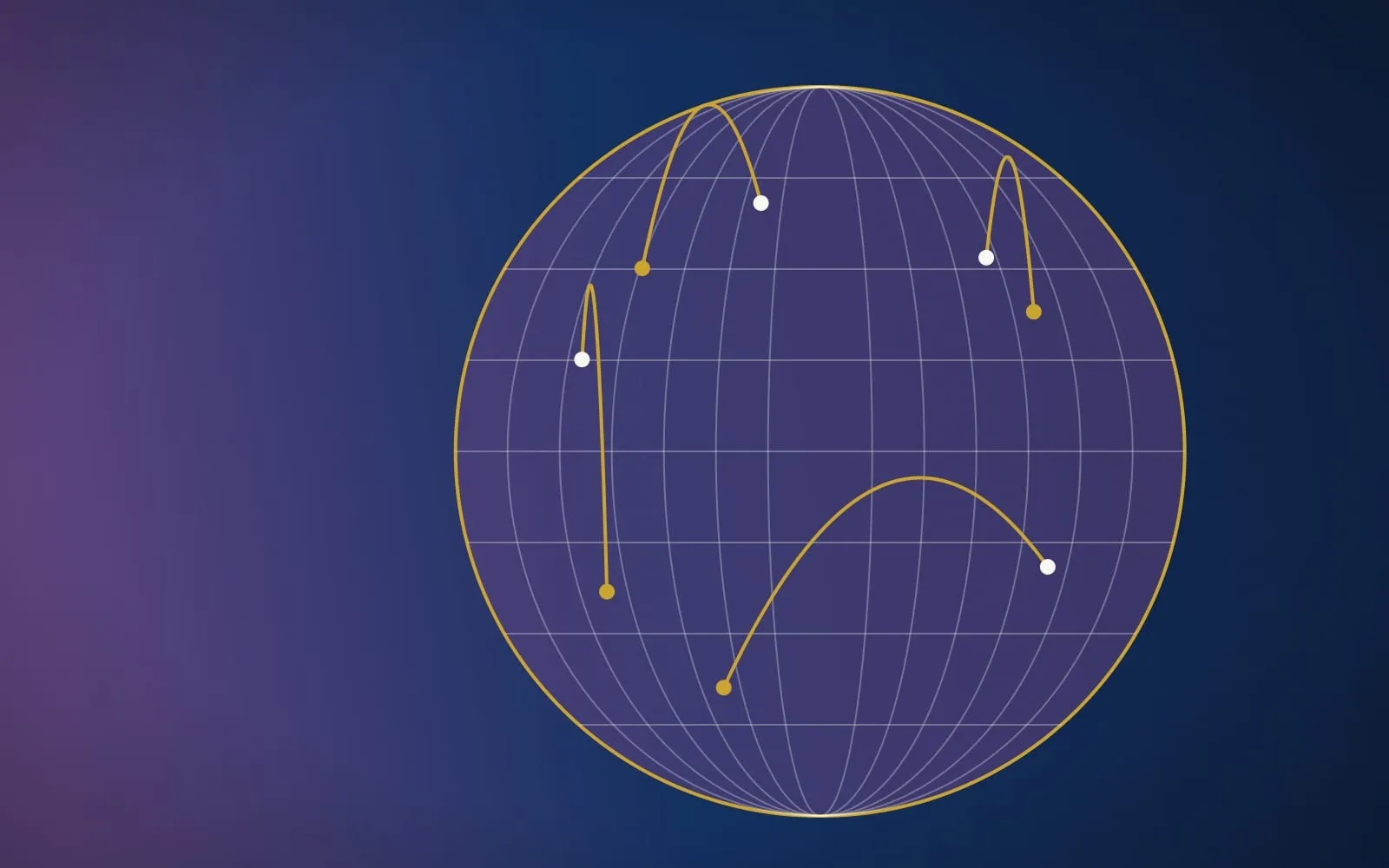 Ilustração provisória e abstrata: globo de meridianos e paralelos cruzado por arcos de rotas, em roxo e dourado.