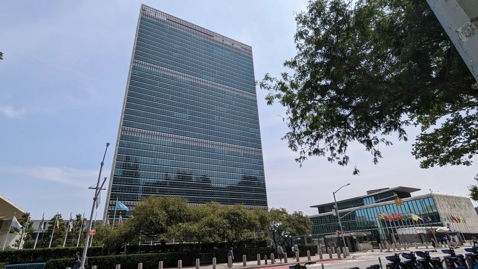 Prédio alto de vidro azulado da sede da ONU em Nova York, com bandeiras de países à direita e árvores na calçada em primeiro plano.