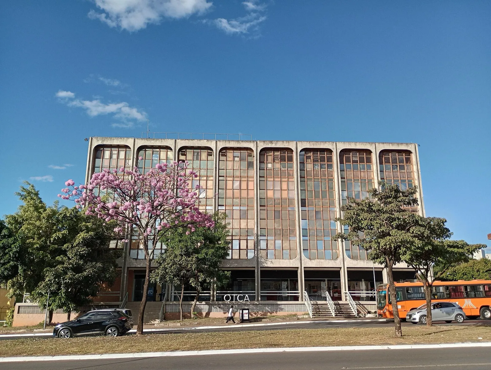 Prédio de concreto com a sigla OTCA na fachada, em Brasília, sob céu azul, com uma árvore de flores rosa na frente.
