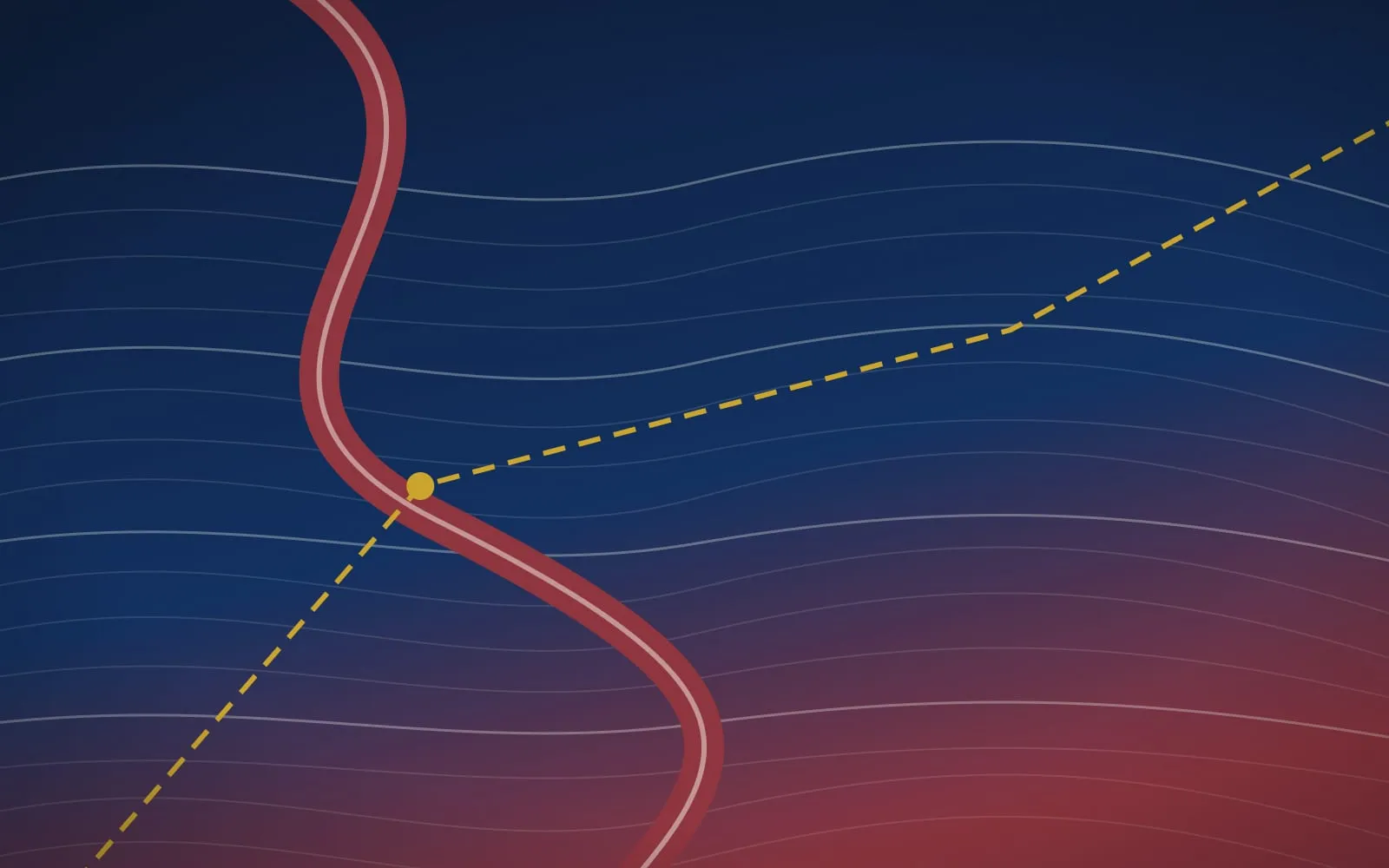 Ilustração provisória e abstrata: curvas de nível, um rio sinuoso e uma linha tracejada de fronteira, em vermelho-escuro e azul.